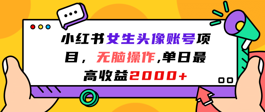 小红书女生头像账号项目，无脑操作，单日最高收益2000-小二项目网