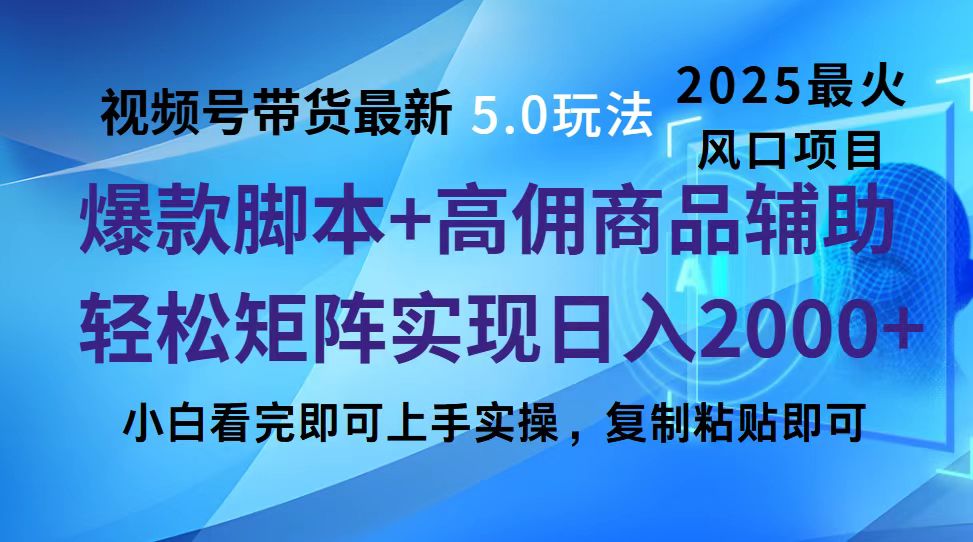 视频号带货最新5.0玩法，作品制作简单，当天起号，复制粘贴，脚本辅助，轻松矩阵日入2000+-小二项目网