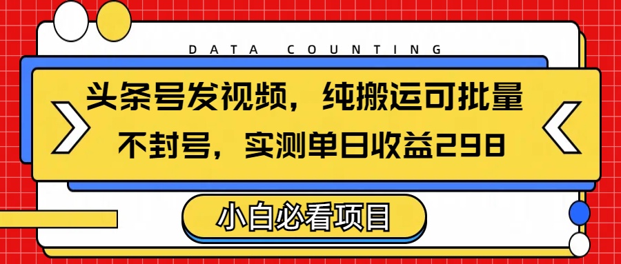 头条发视频，纯搬运可批量，不封号玩法实测单日收益单号298-小二项目网
