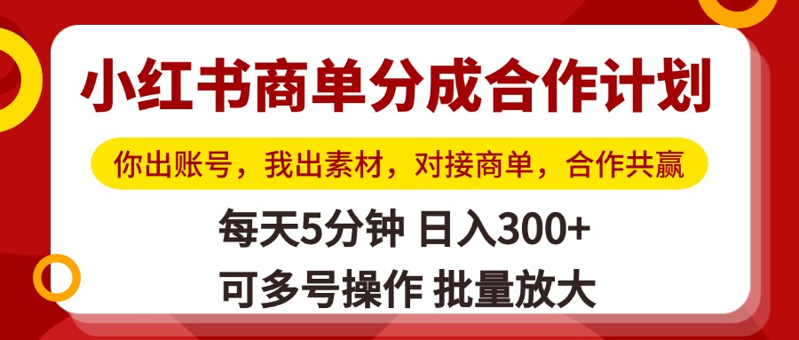 小红书商单分成合作计划，你出账号，我出素材，对接商单，合作共赢，单号日入300+，可批量放大-小二项目网