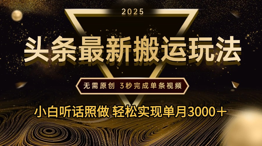 2025年今日头条最新搬运玩法，无需原创3秒完成视频轻松实现单月3000＋-小二项目网