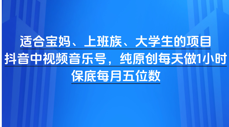 适合宝妈、上班族、大学生的项目，抖音中视频音乐号，纯原创每天做1小时，保底每月五位数-小二项目网