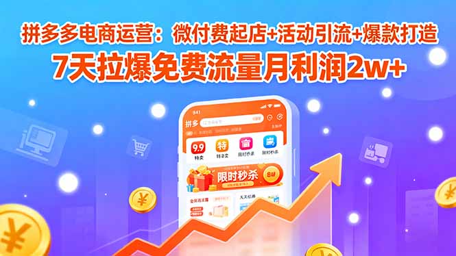 （15960期）拼多多电商运营：微付费起店+活动引流+爆款打造 7天拉爆免费流量月利润2w+-小二项目网