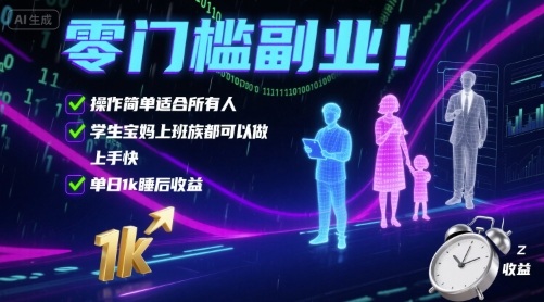 零门槛副业！操作简单适合所有人，学生宝妈上班族都可以做，上手快，单日1k睡后收益【揭秘】-小二项目网