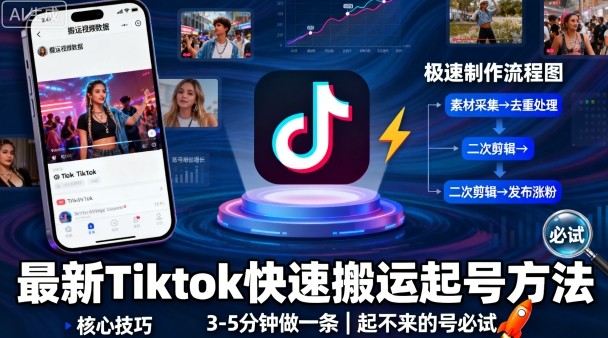 最新Tiktok快速搬运快速起号方法，3-5分钟做一条，起不来的号可以试试-小二项目网