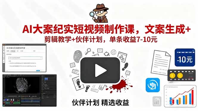 （15992期）AI大案纪实短视频制作课，文案生成+剪辑教学+伙伴计划，单条收益7-10元-小二项目网