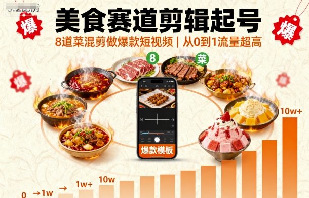 美食赛道剪辑起号，8道菜混剪做爆款短视频，从0到1，流量超高-小二项目网