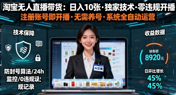 【最新】淘宝无人直播带货，日入10张，独家技术，无违规无封号，注册账号直接开播，不用养号【揭秘】-小二项目网