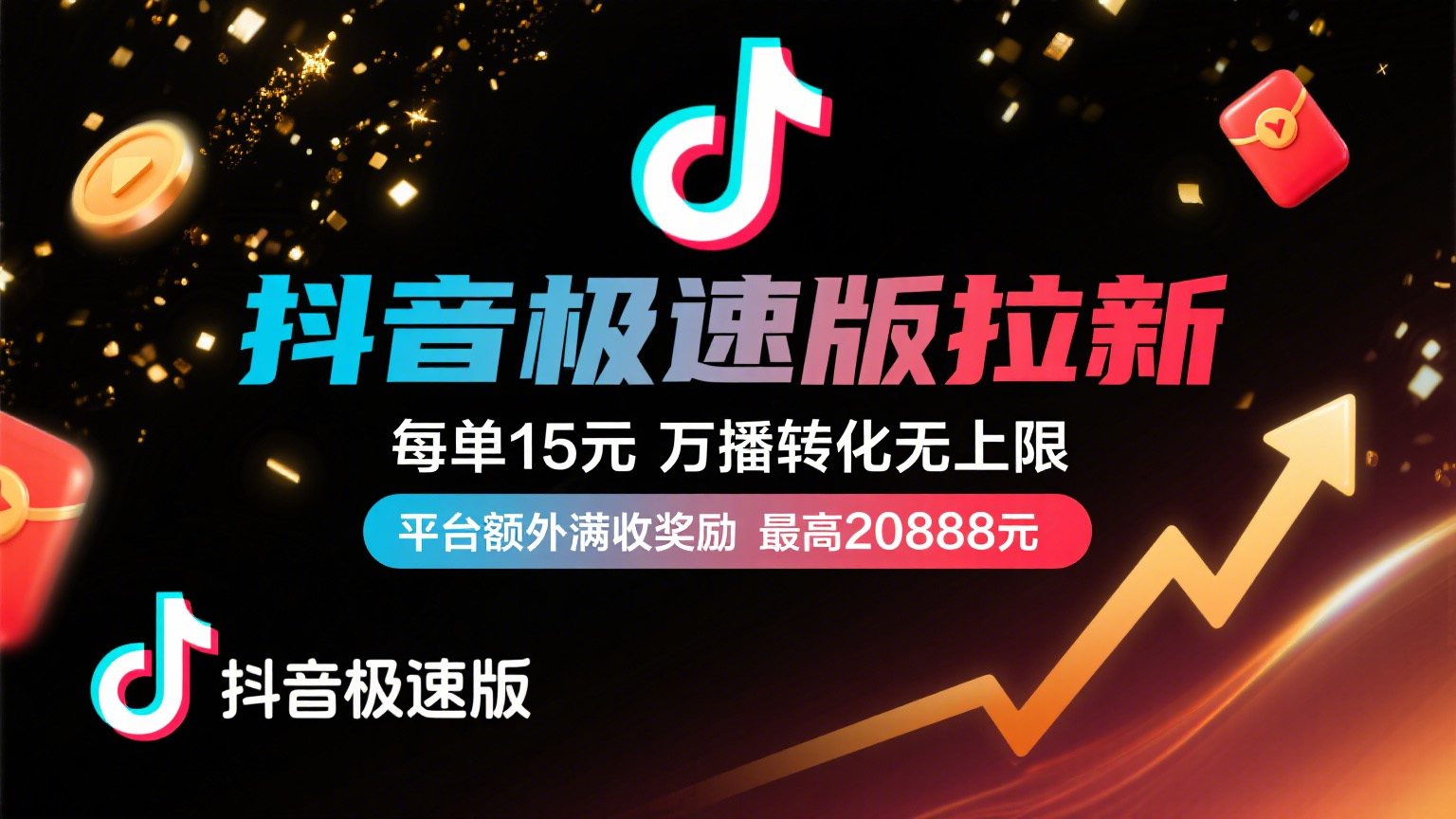 抖音极速版放福利，每单15元，万播转化无上限，平台额外满收奖励，最高可领20888元-小二项目网