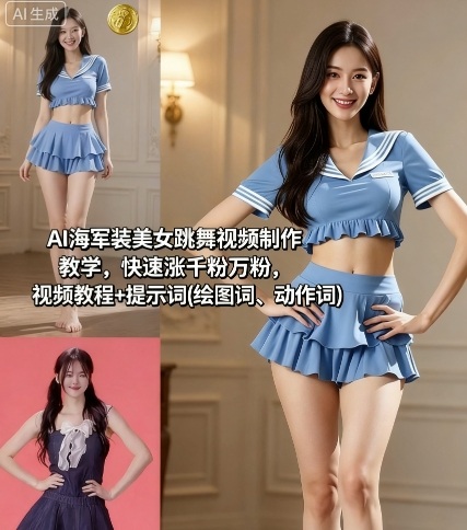 AI海军装美女跳舞视频制作教学，快速涨千粉万粉，视频教程+提示词(绘图词、动作词)-小二项目网