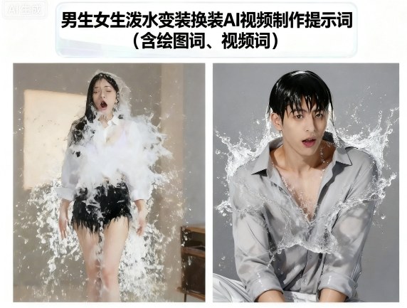 男生女生泼水变装换装AI视频制作提示词(含绘图词、视频词)-小二项目网