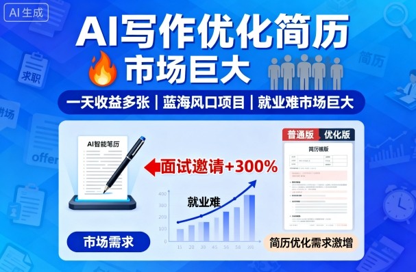 AI写作优化简历，一天收益多张，蓝海风口项目，就业难市场巨大-小二项目网