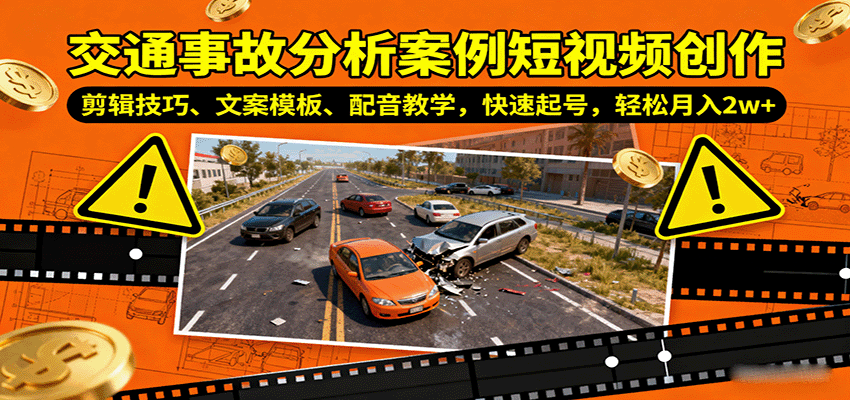 交通事故分析案例短视频创作，剪辑技巧、文案模板、配音教学，快速起号，轻松月入2w+-小二项目网