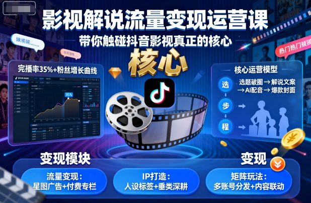 影视解说流量变现运营课，带你触碰抖音影视真正的核心-小二项目网