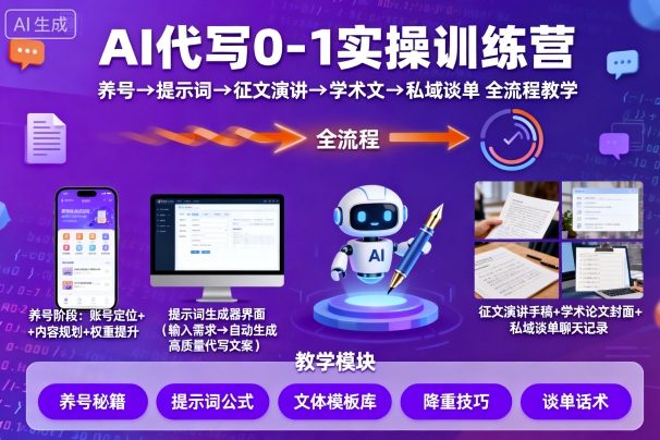 AI代写0-1实操训练营，从养号、提示词、征文演讲、学术文，到私域谈单的全流程教学-小二项目网