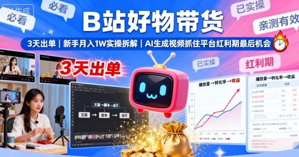 B站好物带货，3天出单，新手月入1W实操拆解，AI生成视频，抓住平台红利期最后机会-小二项目网