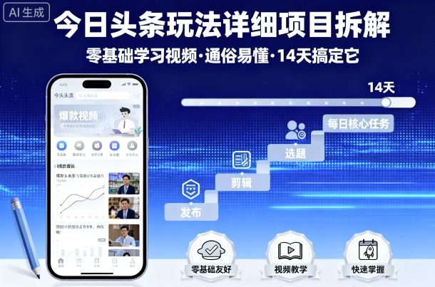 今日头条玩法详细项目拆解，零基础学习视频 通俗易懂 14天搞定它-小二项目网