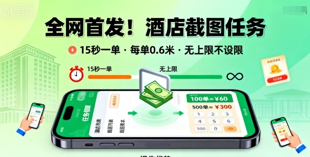 全网首发！酒店截图任务，15秒一单，每单0.6米，任务无上限不设限，矩阵操作单日3张到手【揭秘】-小二项目网