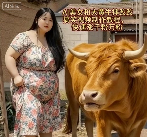 AI美女和大黄牛摔跤搞笑荒诞视频制作教程，快速涨千粉万粉-小二项目网