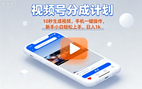 视频号分成计划懒人玩法，10秒生成视频，手机一键操作，新手小白轻松上手，日入1K【揭秘】-小二项目网