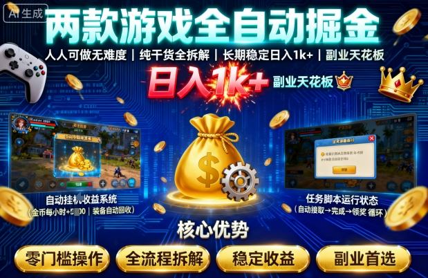 两款游戏全自动掘金，人人可做无难度，纯干货全拆解，长期稳定，日入1k+，副业天花板【揭秘】-小二项目网