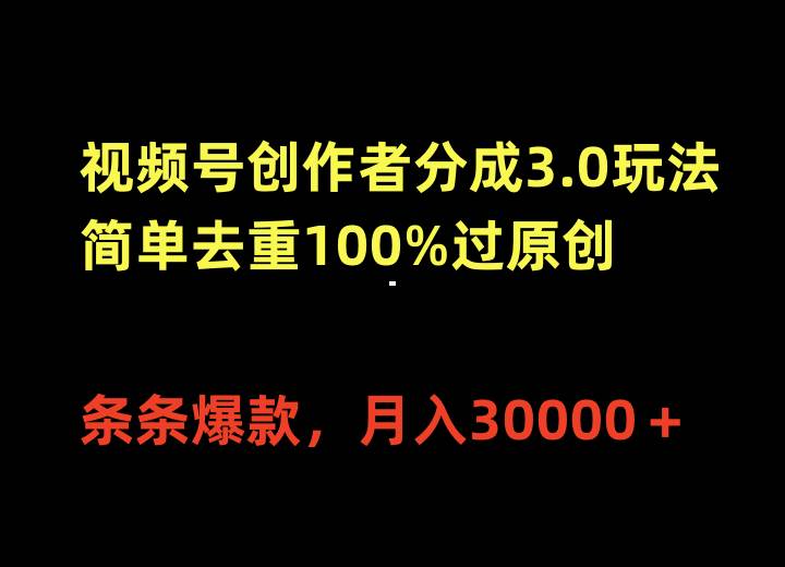 视频号创作者分成3.0玩法，简单去重100%过原创，条条爆款，月入30000＋-小二项目网