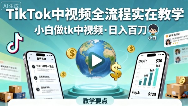 TikTok中视频全流程实操教学，小白做tk中视频，日入百刀-小二项目网