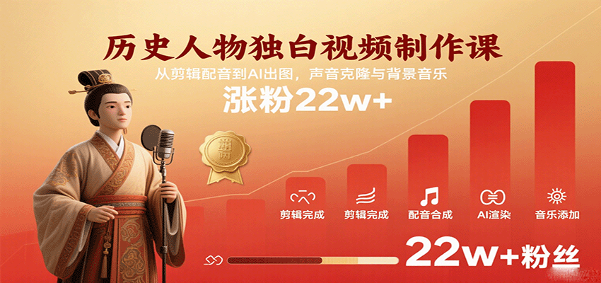 历史人物独白视频制作课,从剪辑配音到AI出图,声音克隆与背景音乐,涨粉22w+-小二项目网