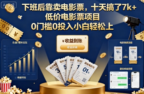 下班后靠卖电影票，十天搞了7k+，低价电影票项目，0门槛0投入小白轻松上手【揭秘】-小二项目网