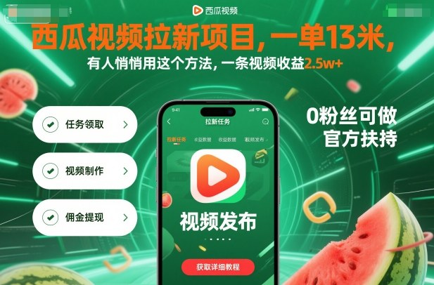 西瓜视频拉新项目，一单13米，有人悄悄用这个方法，一条视频收益2.5w+（附详细教程）-小二项目网