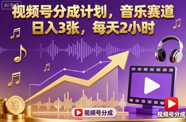 视频号分成计划，音乐赛道，日入3张，每天2小时-小二项目网