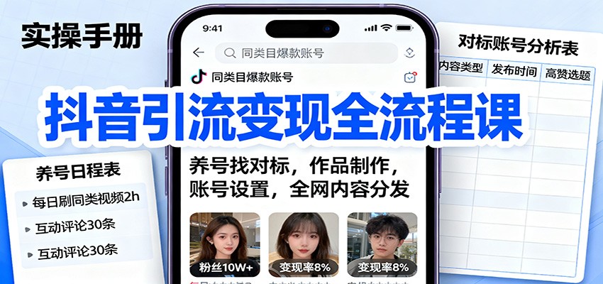 抖音引流变现全流程课：养号找对标，作品制作，账号设置，全网内容分发-小二项目网