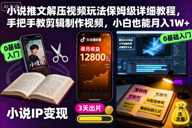 小说推文解压视频玩法保姆级详细教程，手把手教剪辑制作视频，小白也能月入1W+-小二项目网