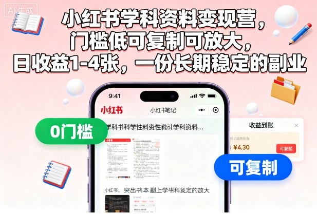 小红书学科资料变现营，门槛低可复制可放大，日收益1-4张，一份长期稳定的副业-小二项目网