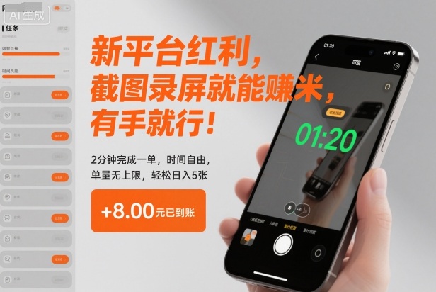 新平台红利，截图录屏就能賺米，有手就行！2分钟完成一单，时间自由，单量无上限，轻松日入5张【揭秘】-小二项目网
