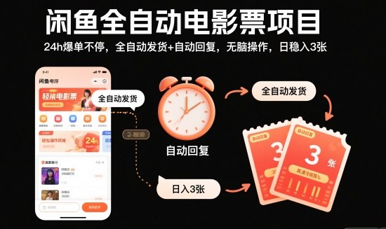 闲鱼全自动电影票项目,24h爆单不停,全自动发货+自动回复,无脑操作,日稳入3张【揭秘】-小二项目网