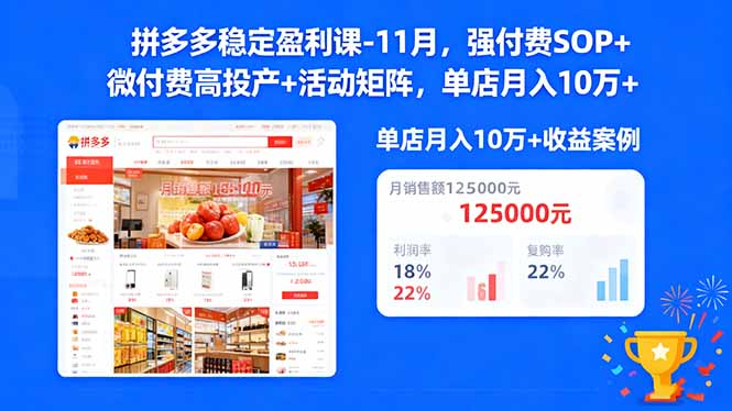 （16557期）拼多多稳定盈利课-11月，强付费SOP+微付费高投产+活动矩阵，单店月入10w+-小二项目网