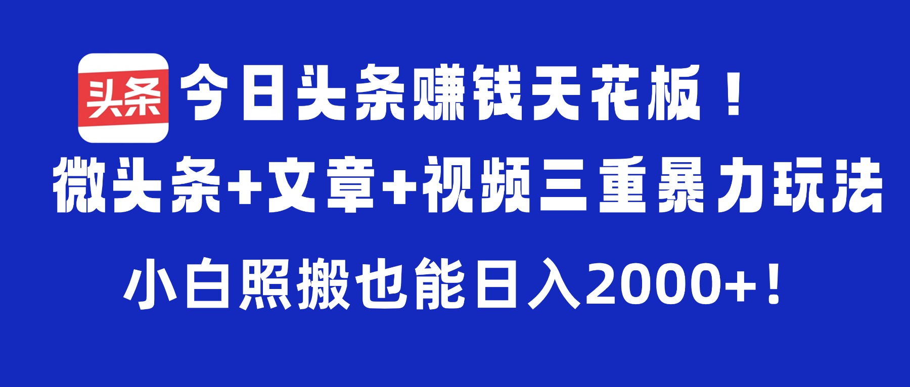 今日头条赚钱天花板!微头条+文章+视频三重暴力玩法,小白照搬也能日入2000+-小二项目网
