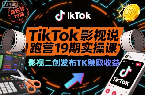 TikTok影视解说陪跑营19期实操课，影视二创发布TK賺取收益，万播收益50美金-小二项目网