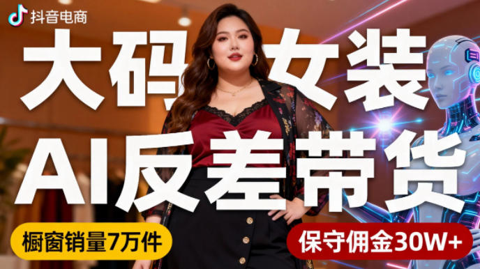 抖音小众赛道，大码女装AI反差带货，不用直播，每天6条作品，橱窗卖7万件，保守佣金30W+-小二项目网