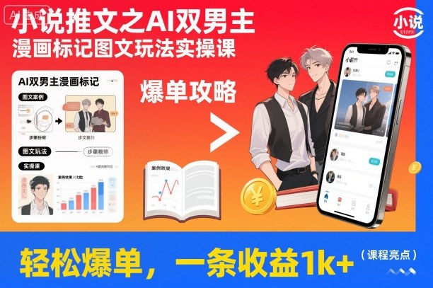 小说推文之AI双男主漫画标记图文玩法实操课，轻松爆单，一条收益1k+-小二项目网