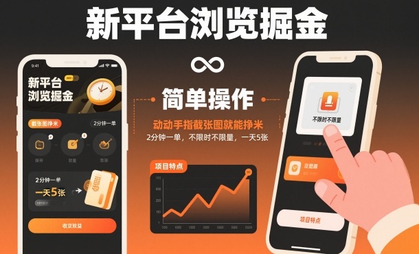新平台浏览掘金，动动手指截张图就能挣米，2分钟一单，不限时不限量，一天5张【揭秘】-小二项目网