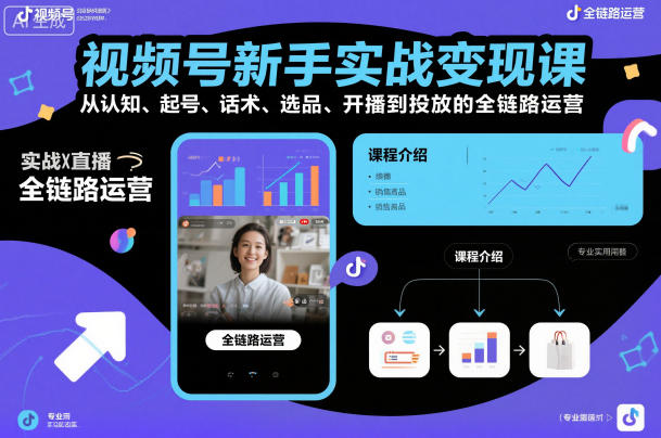 视频号新手实战变现课，从认知、起号、话术、选品、开播到投放的全链路运营-小二项目网