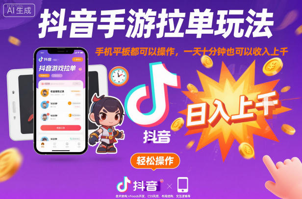 抖音手游拉单玩法,手机平板都可以操作,一天十分钟也可以收入上K【揭秘】-小二项目网