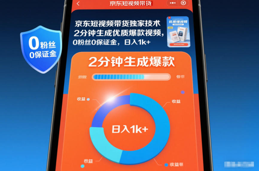 京东短视频带货独家技术，2分钟生成一条优质爆款视频，0粉丝0保证金，日入1k+【揭秘】-小二项目网