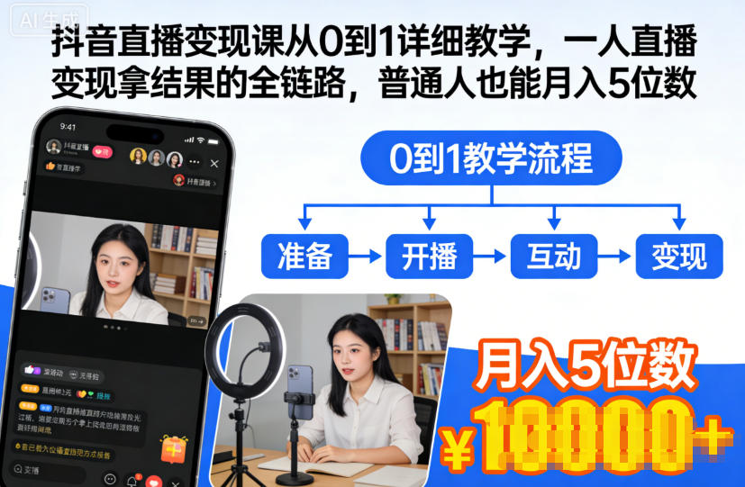 抖音直播变现课从0到1详细教学，一人直播变现拿结果的全链路，普通人也能月入5位数-小二项目网
