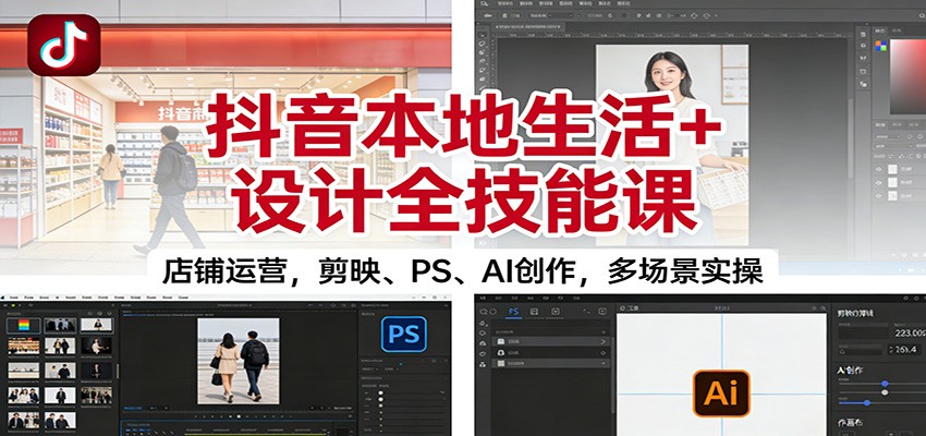 抖音本地生活+设计全技能课：店铺运营，剪映、PS、AI创作，多场景实操-小二项目网