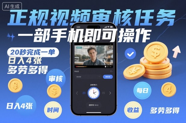 正规视频审核任务，一部手机即可操作，20秒完成一单，日入4张，多劳多得【揭秘】-小二项目网