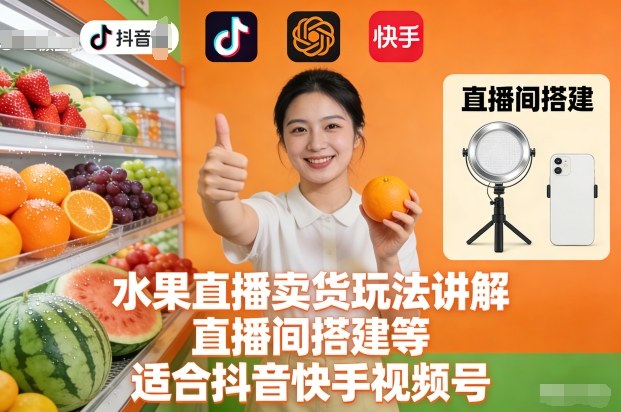 水果直播卖货玩法讲解、直播间搭建等，适合抖音快手视频号-小二项目网