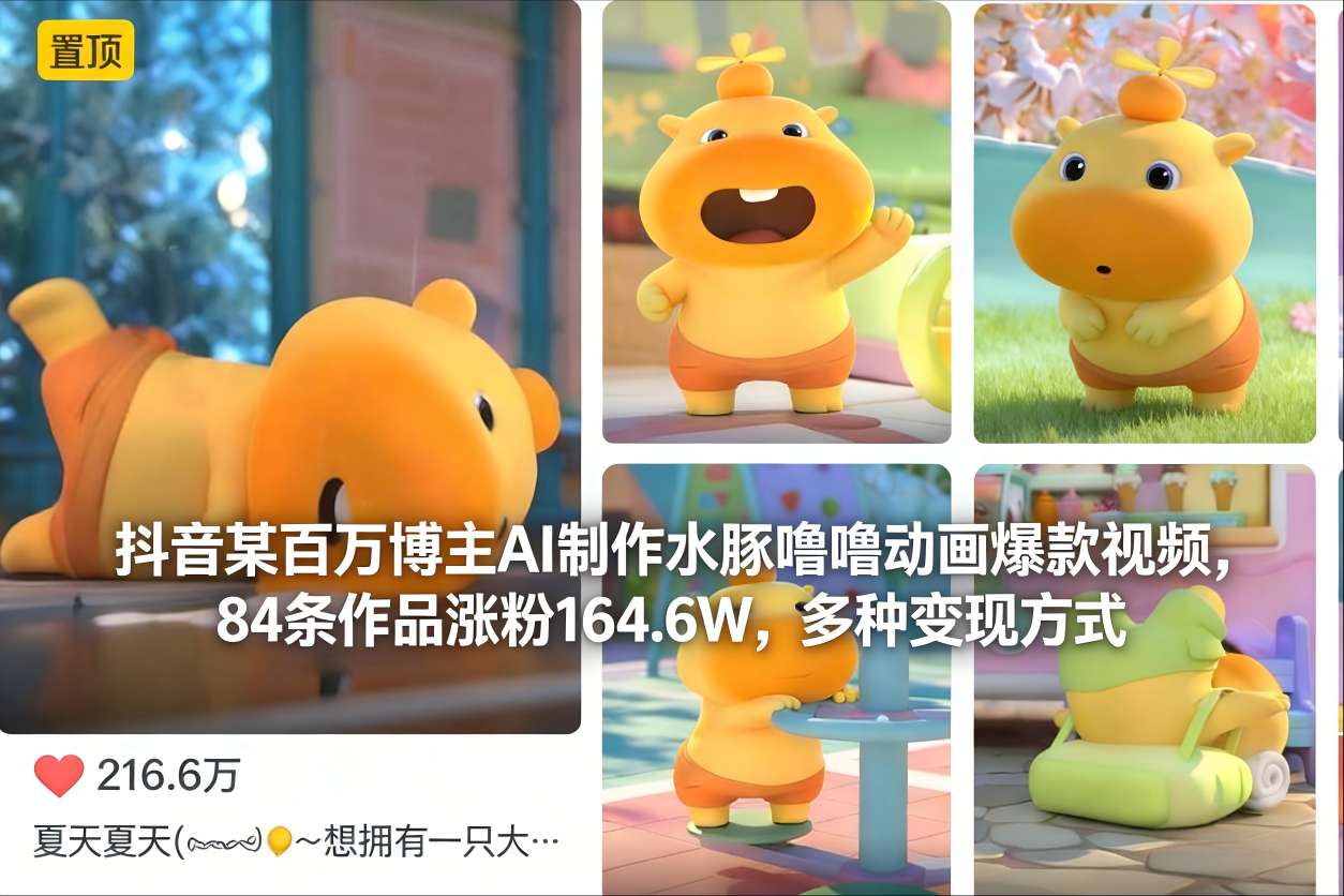 抖音某百万博主AI制作水豚噜噜动画爆款视频，84条作品涨粉164.6W，多种变现方式-小二项目网